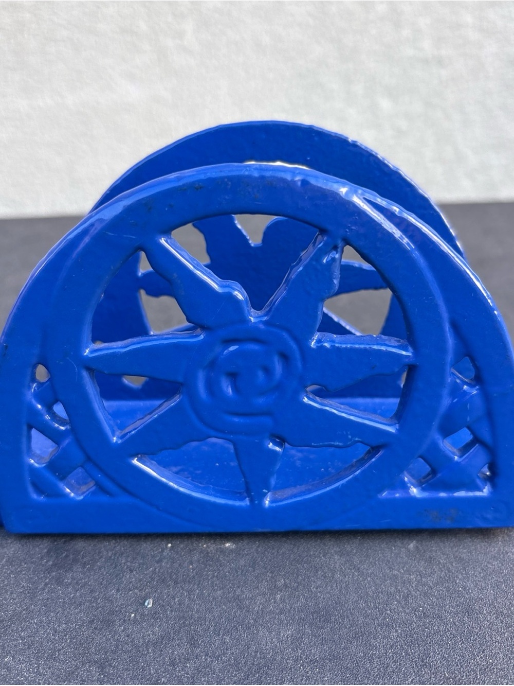 Cobalt Blue Enamel Cast Iron Enamelware Napkin Holder Aztec Sun Lattice Design